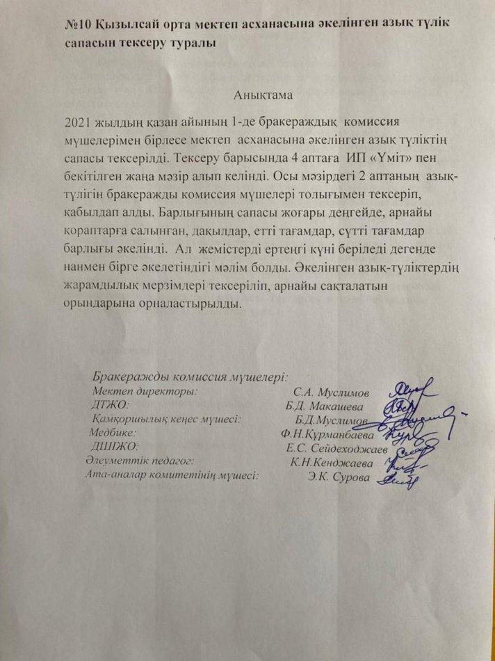 Ыстық тамақ туралы АКТ